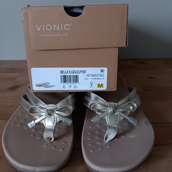 Vionic Women's Bella X Toe Post Sandals Gold Patent Leather With Bow 7 M - Picture 9 of 9